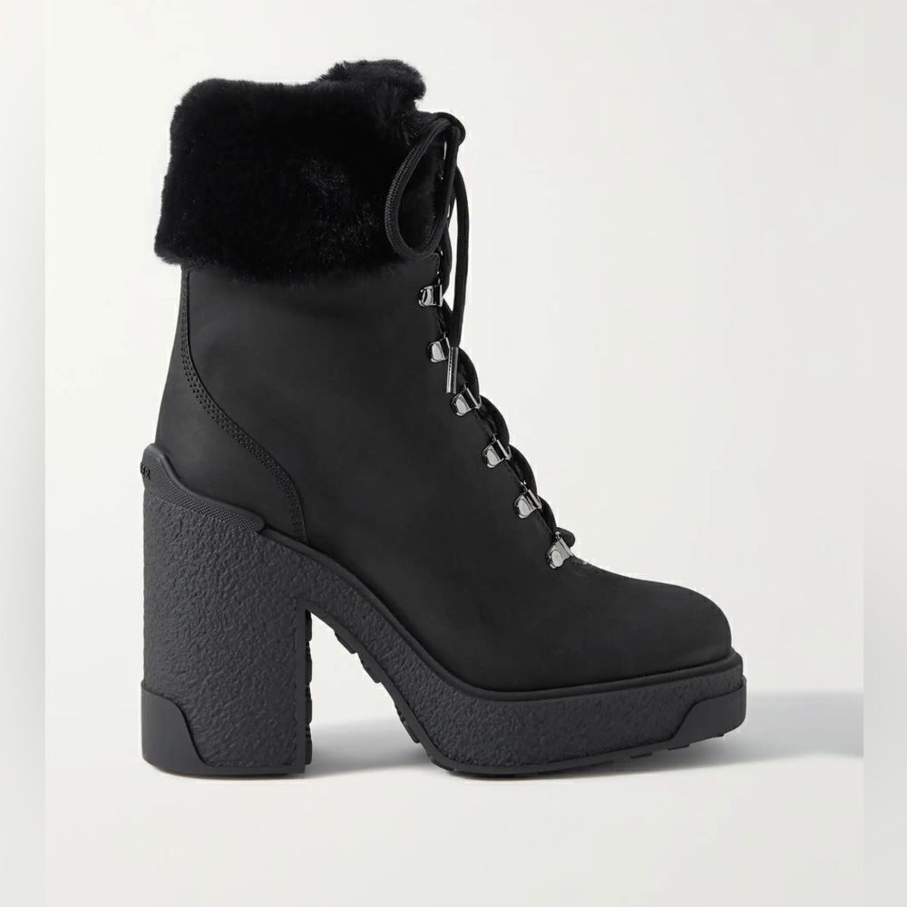 Moncler Claudia faux fur-trimmed nubuck ankle boot size 38